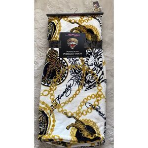 Ed Hardy Plush Throw Blanket Black Tiger White‎ Gold Chains Logo 60” X 70” NEW